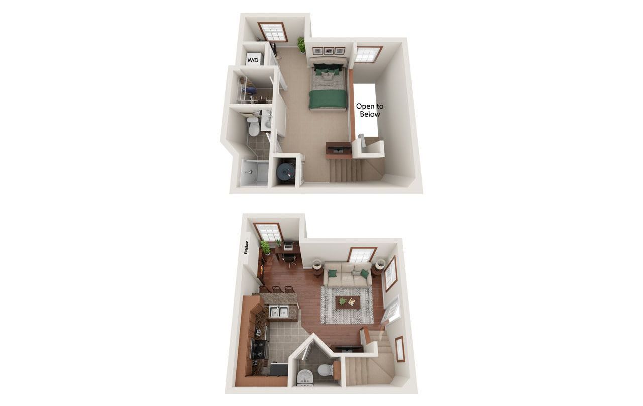 1 Bed Floor Plan with Carpet and Wood Flooring