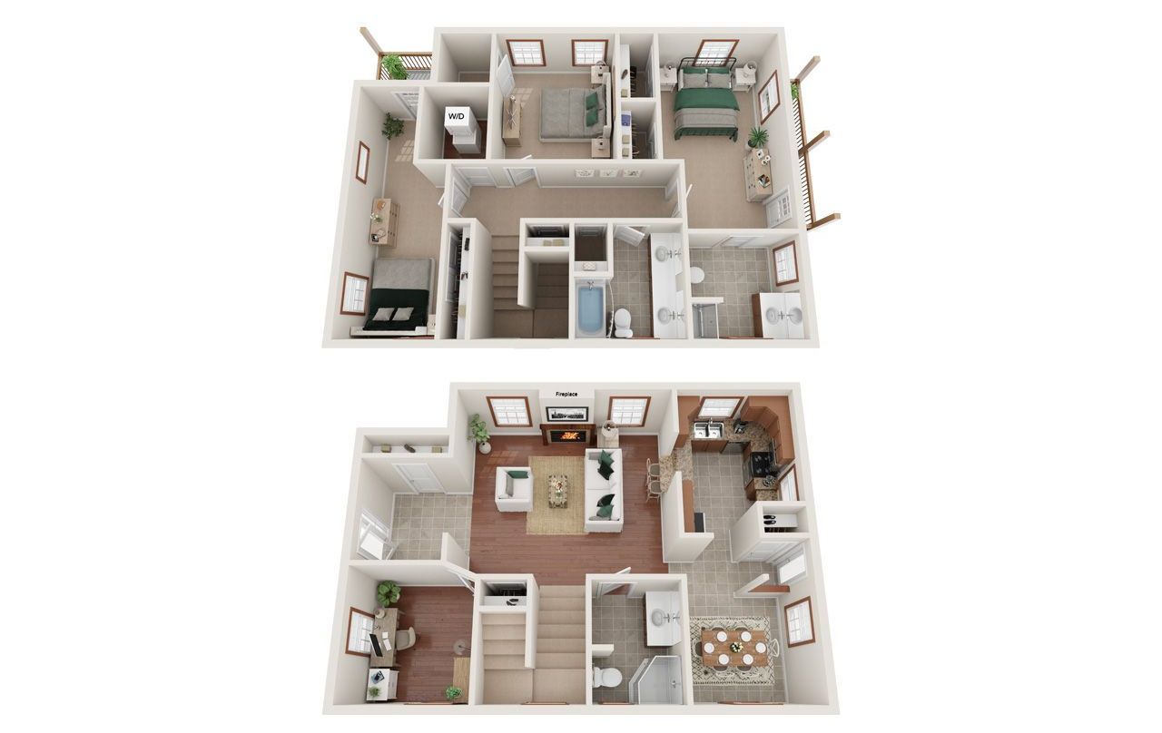 2 Bed 2 Bath Floor Plan with Carpet and Wood Flooring