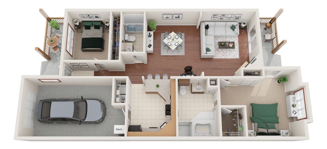 2 Bed 2 Bath Floor Plan with Carpet and Wood Flooring