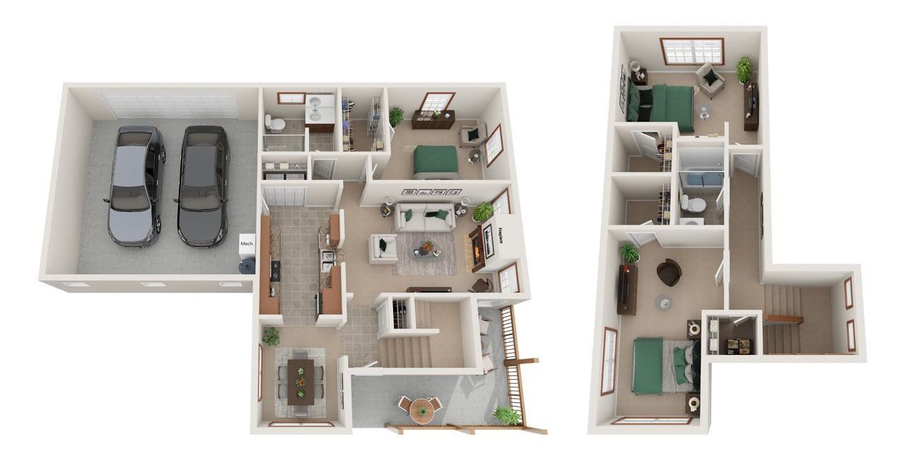 2 Bed 2 Bath Floor Plan with Carpet and Wood Flooring