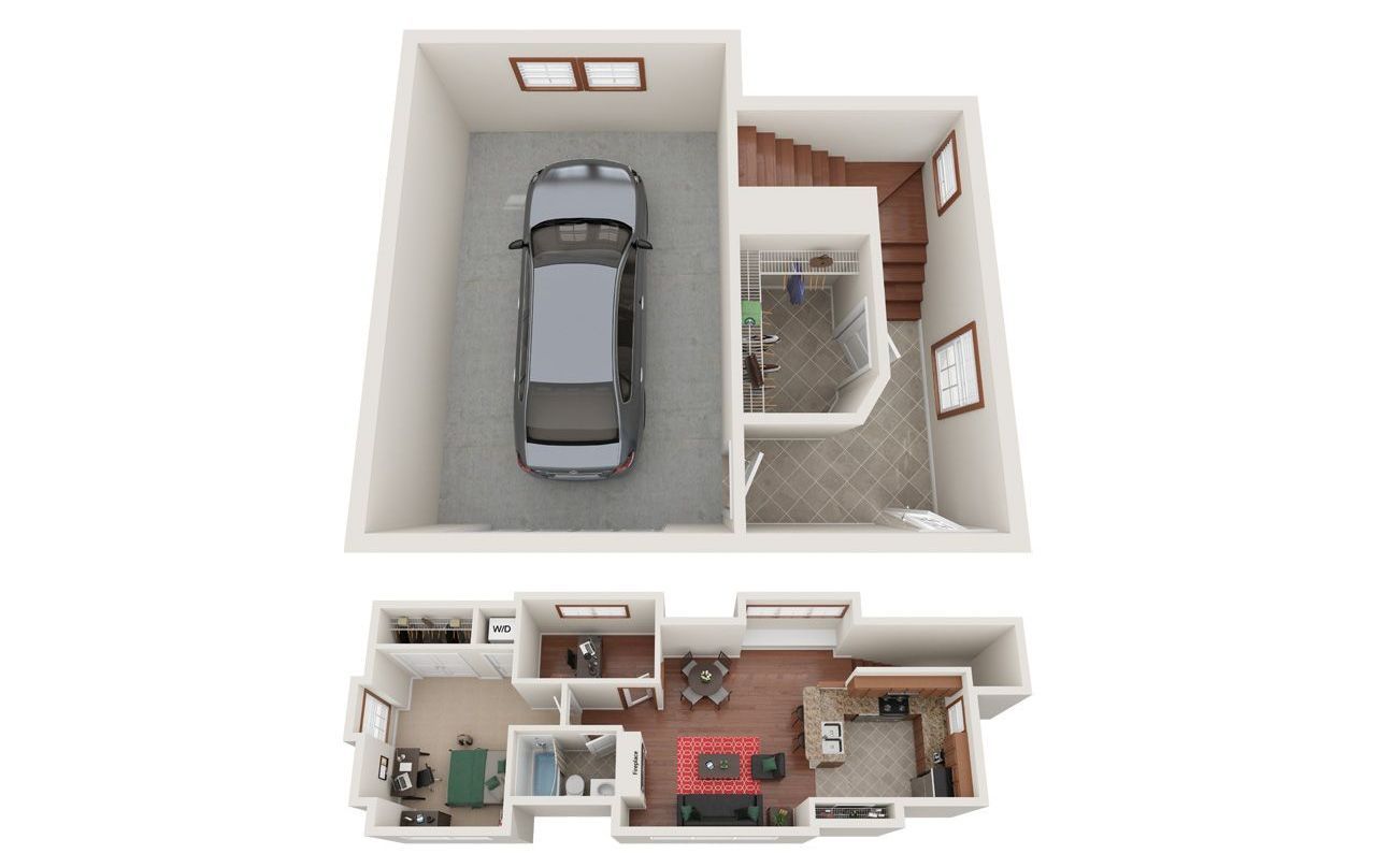 2 Bed 2 Bath Floor Plan with Carpet and Wood Flooring