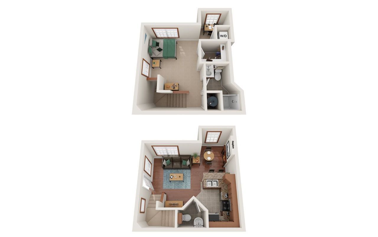 2 Bed 2 Bath Floor Plan with Carpet and Wood Flooring