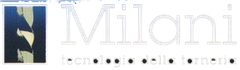 Logo dei cosmetici Milani con un piccolo emblema astratto oro e blu su sfondo chiaro.