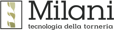Milani logo with olive-green leaf icon and tagline “tecnologia della torneria”