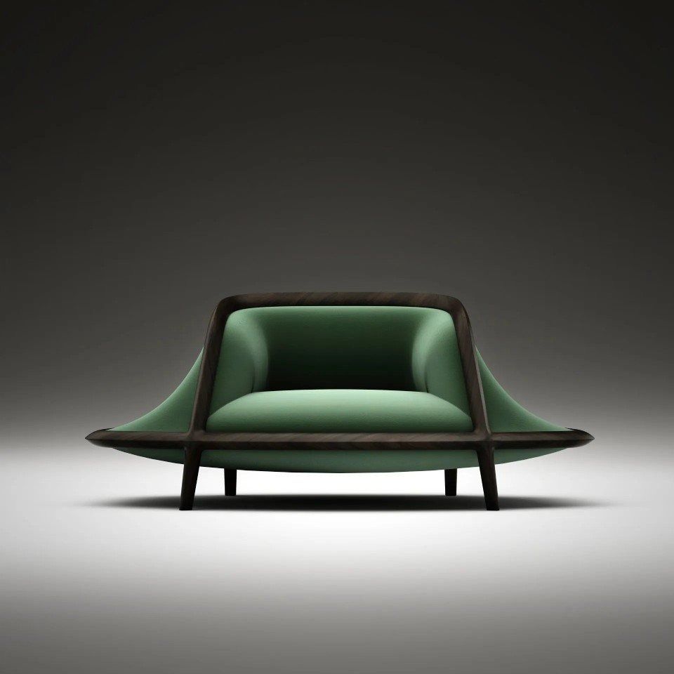 Poltrona lounge moderna di colore verde con struttura in legno scuro su sfondo grigio da studio.
