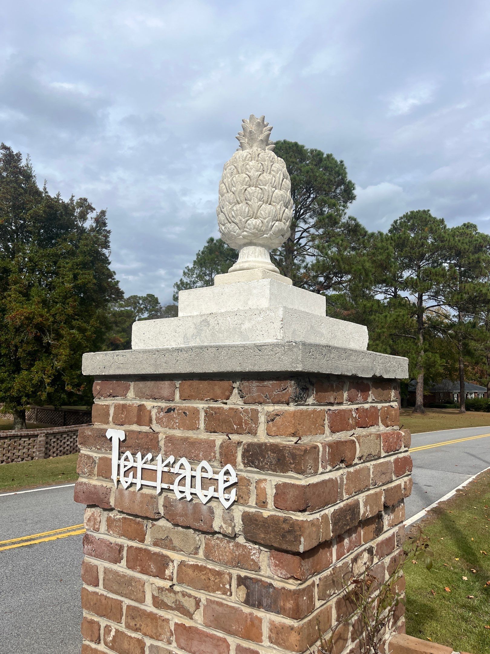 A brick pillar with a pineapple on top of it and the word terrace written on it.