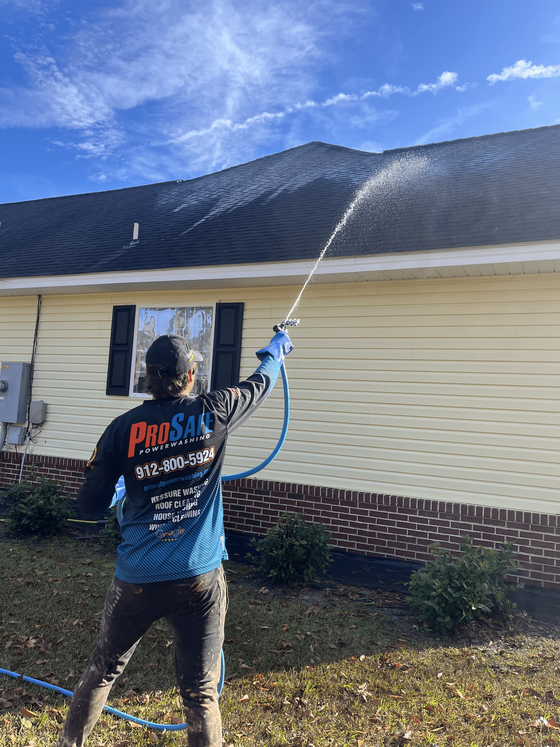 a person is cleaning a roof with a soft washer