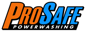 The logo for prosafe powerwashing is orange and blue.