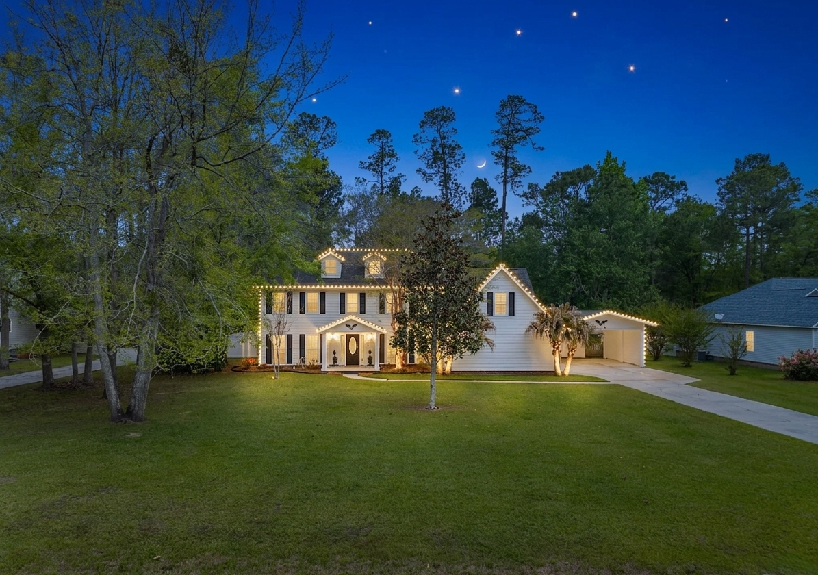 Large two-story house with lit windows at dusk, surrounded by trees and a wide green lawn.