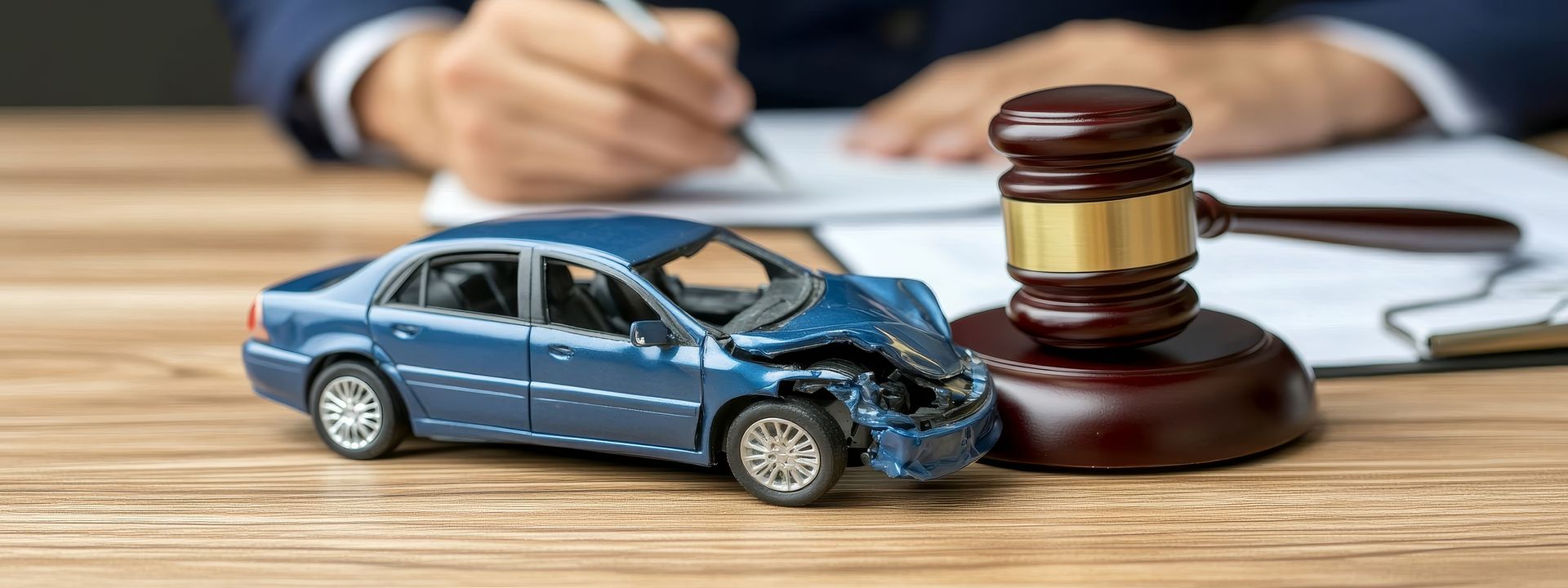 Close-up of a gavel and broken car model with a lawyer drafting documents. Close-up of a gavel and broken car model with a lawyer drafting documents.
