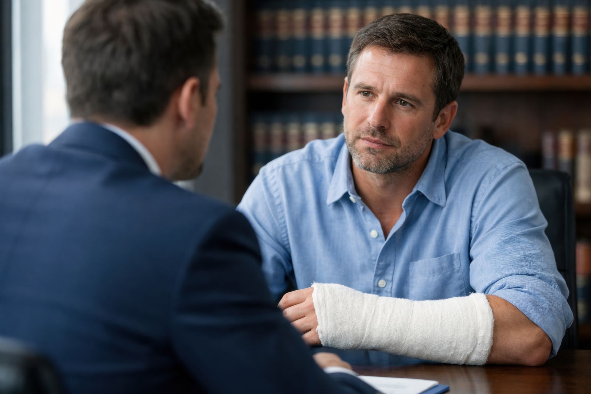 Injured man with arm cast consults a personal injury attorney at a desk.