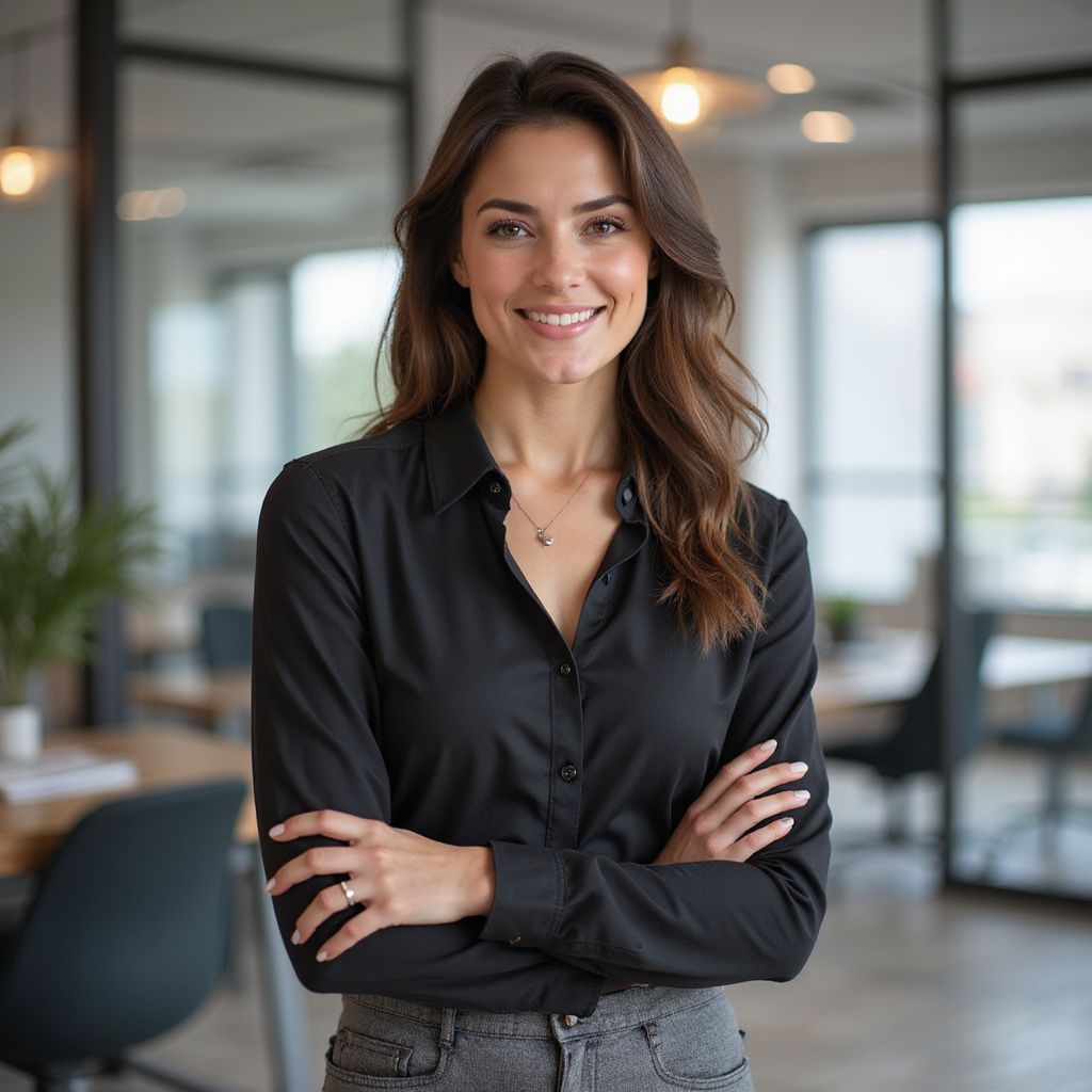 Woman with arms crossed, smiling in an office setting, wearing a black shirt and gray pants.