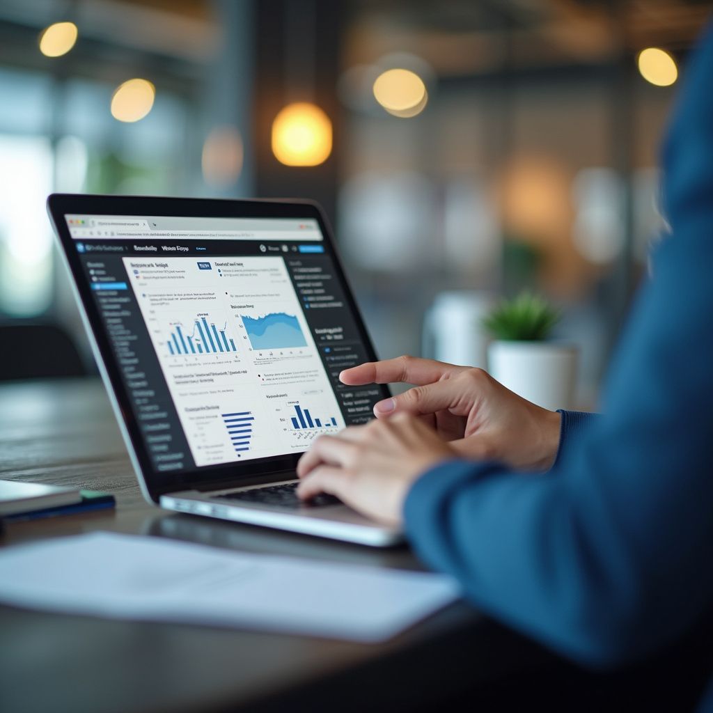 Person using a laptop, viewing data graphs, in an office setting.