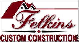 A red and white logo for felkins custom construction