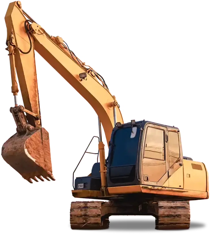 A yellow excavator with a large bucket on a white background.