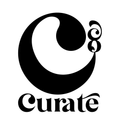A black and white logo for curate with a swirl in the middle.