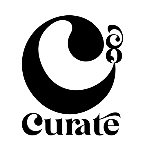 A black and white logo for curate with a swirl in the middle.
