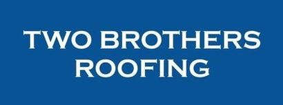 The logo for two brothers roofing is blue and white.