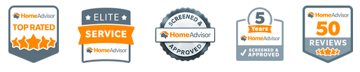 A set of four badges that say elite service and 50 reviews