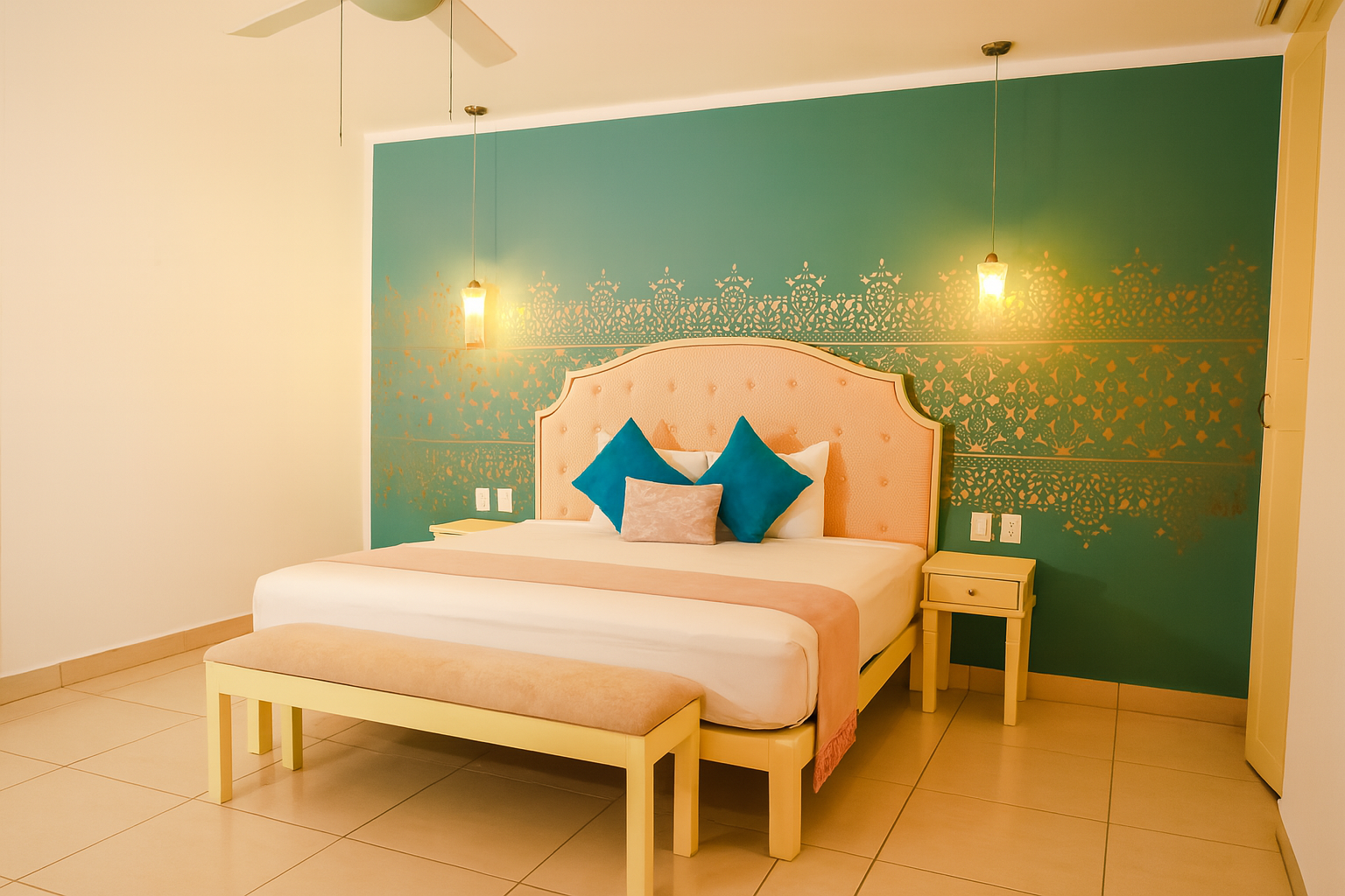 Bedroom with teal accent wall, bed with peach headboard, bench, two lamps, and a nightstand.