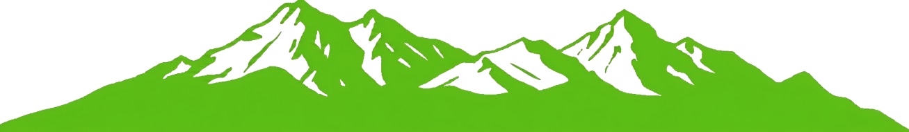 Green mountain silhouette with white snowy peaks against a white background