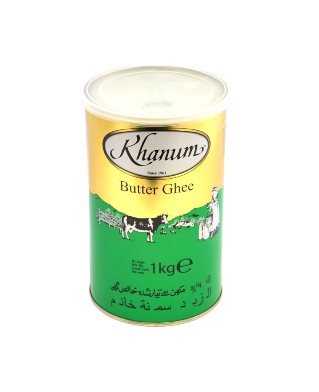 Een blikje boterghee met een afbeelding van een koe erop.
