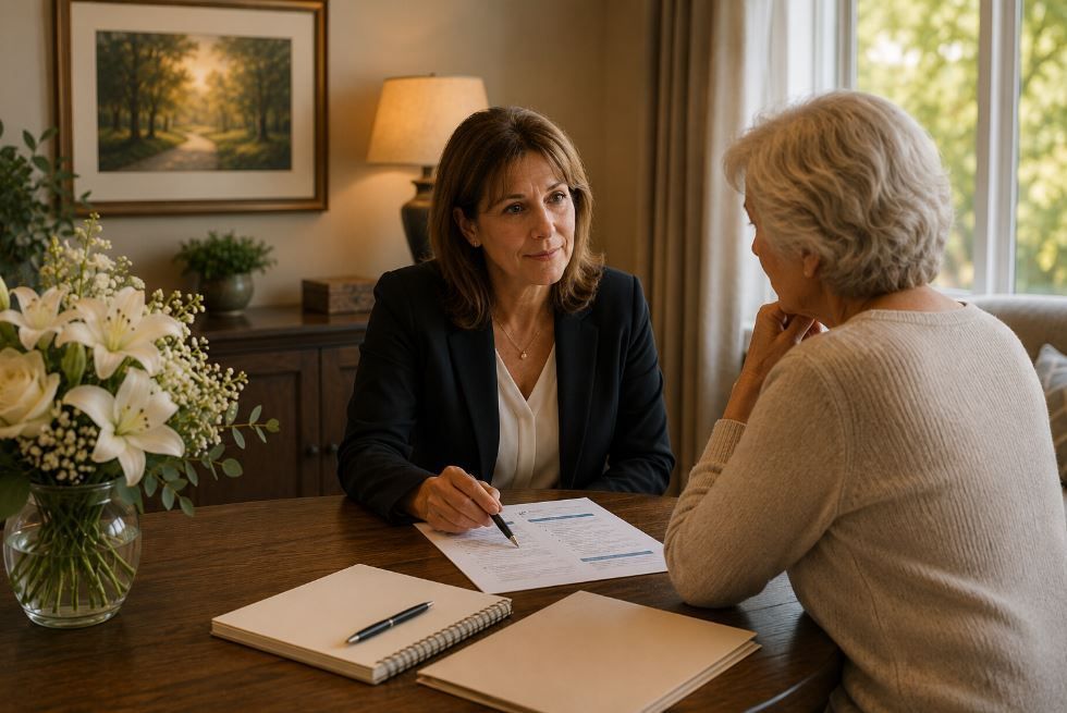 Funeral advisor discusses direct cremation choices with a woman planning ahead in Willow Park, TX