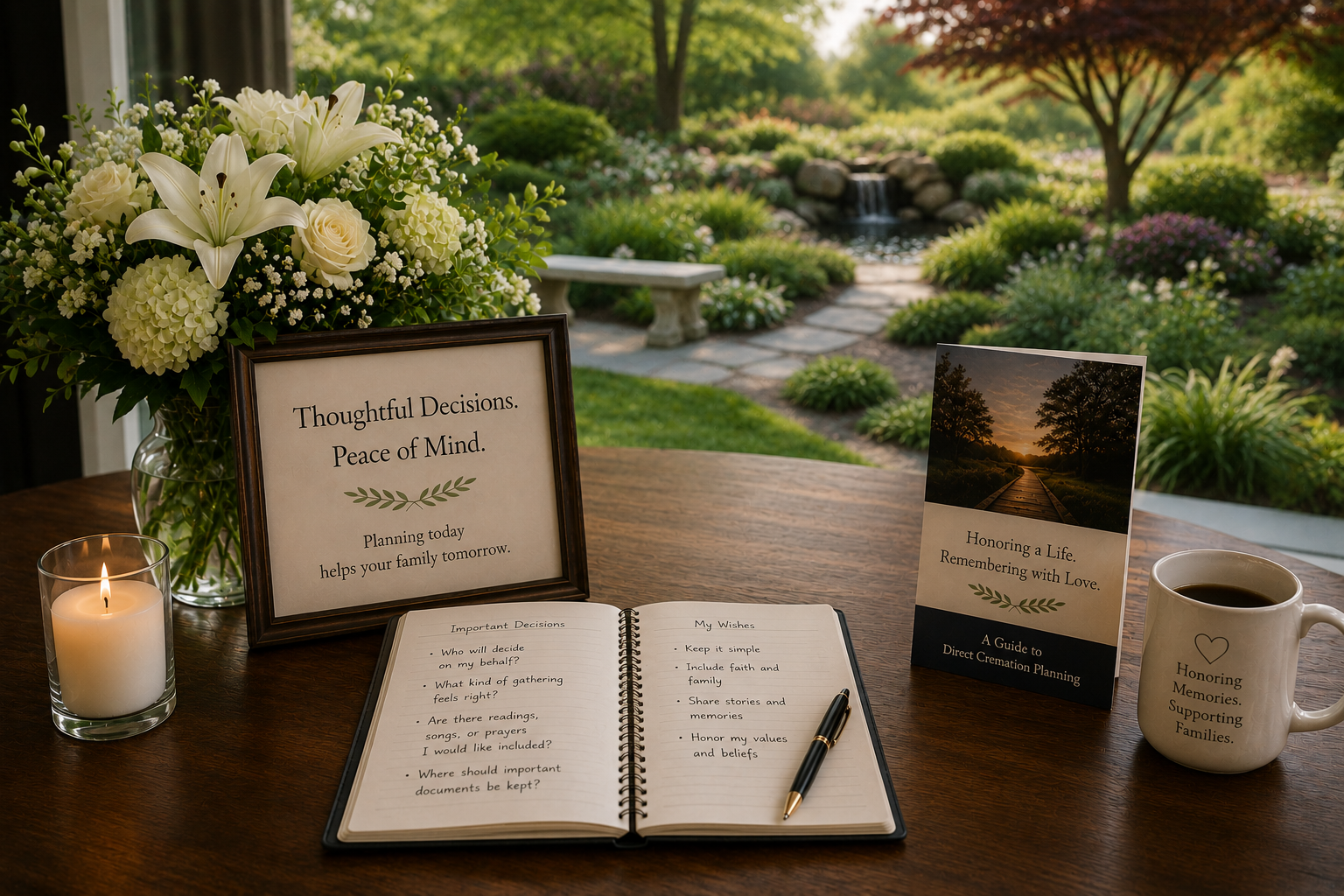 Planning notebook, flowers, candle, and garden view support direct cremation choices in Annetta, TX.