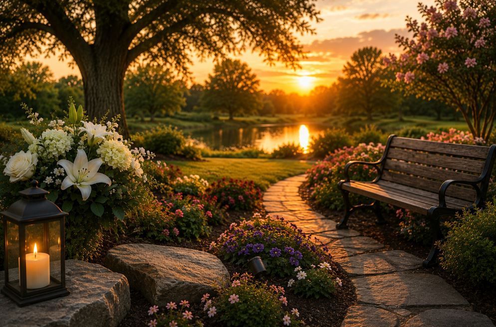 Memorial flowers and a candle create a calm setting for grief support in Hudson Oaks, TX