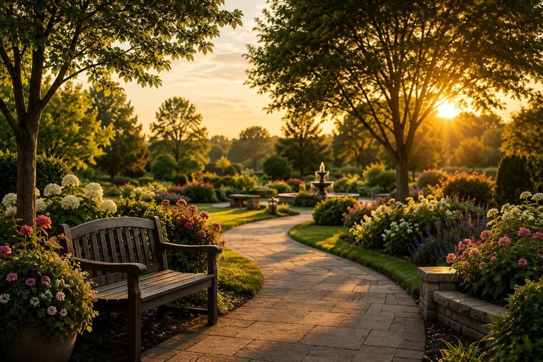 Sunlit garden path and wooden bench offer peaceful guidance, funeral homes Aledo, TX