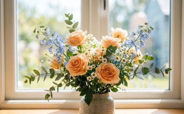 Fresh peach roses and daisies in vase near window, caring goodbye, funeral homes Weatherford, TX