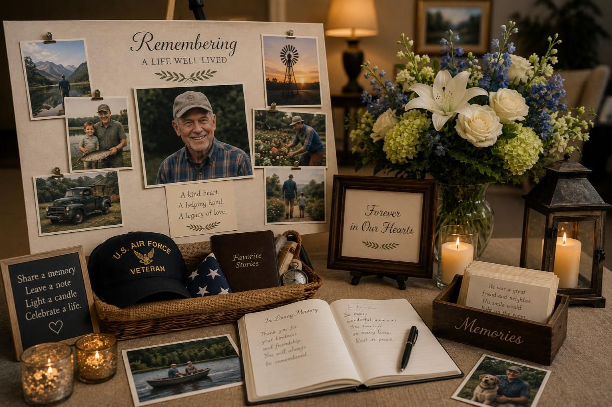 Memory table with photos, flowers, and notes for personalized memorials in Hudson Oaks, TX.