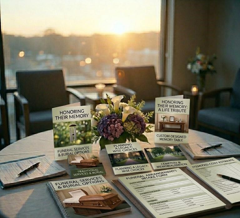 Burial planning materials and memory tribute guides on table at sunset, funeral homes Annetta, TX