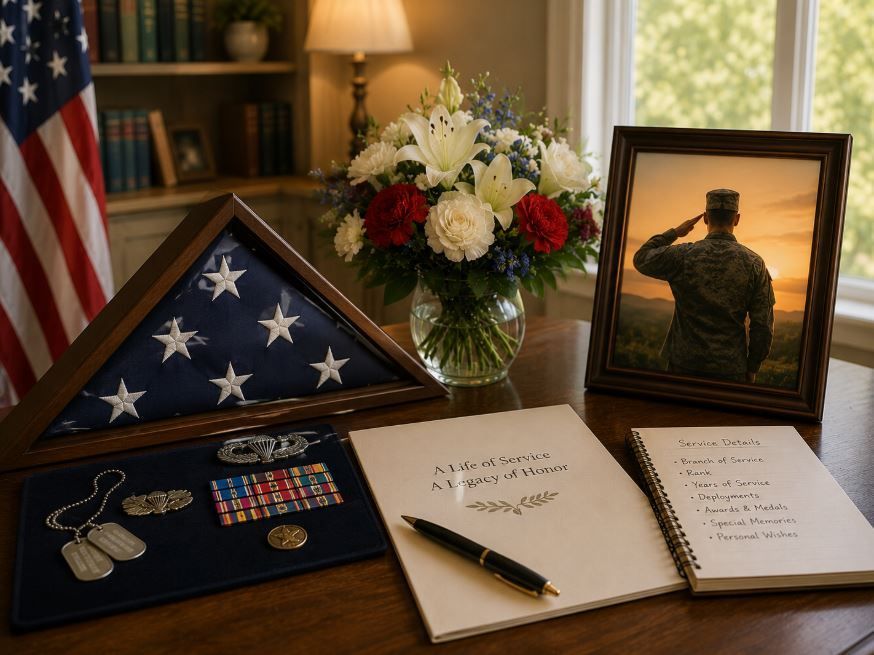 Military portrait, flag, and medals support thoughtful veteran honors in Hudson Oaks, TX