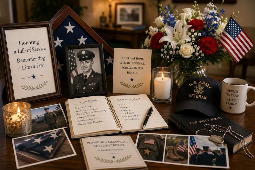 Military honors, family notes, and candles create a respectful memorial in Hudson Oaks, TX.