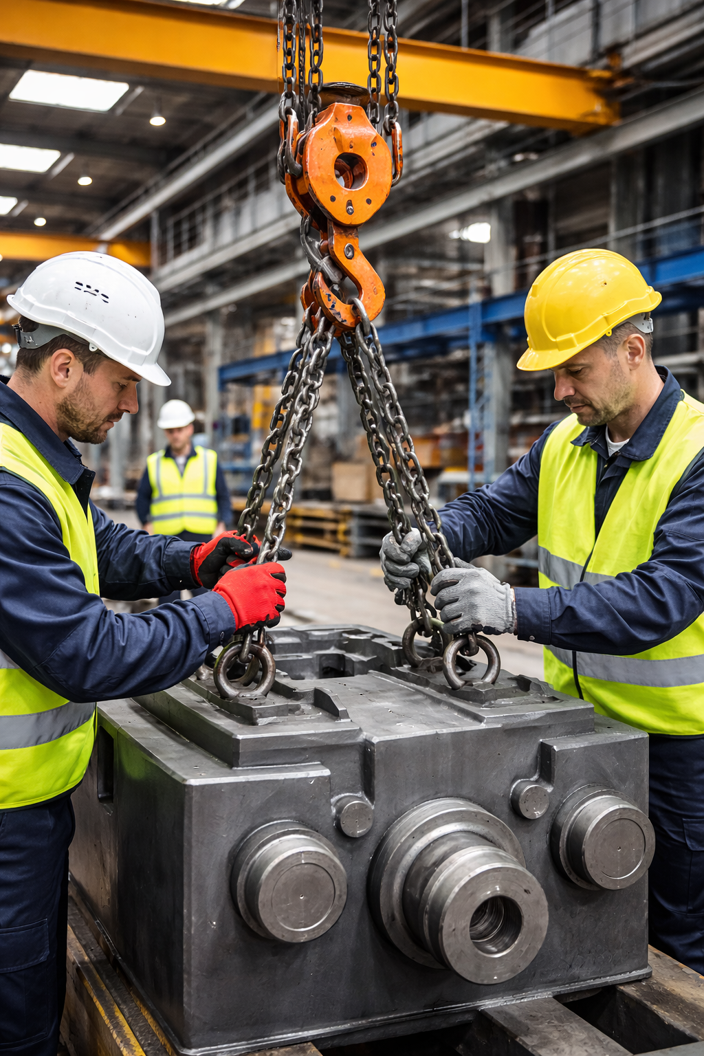 Rigger slaat een zware stalen last aan in een productiehal