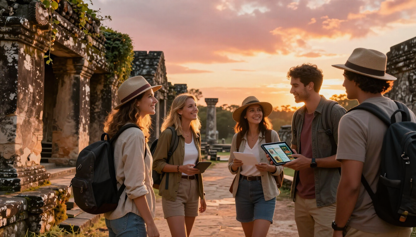 Travelers chatting with maps among ancient stone ruins at sunset