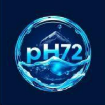 PH72 logo within a blue water bubble; mountain silhouette above the water; blue background.