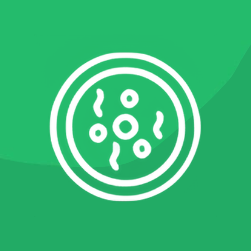 A green circle with a white outline of bacteria in it on a green background.