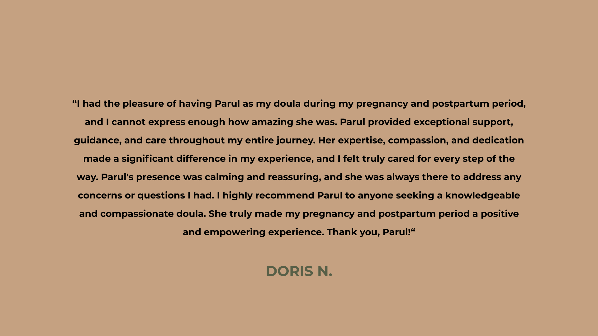 Text on tan background: testimonial from Doris N. praising someone’s pregnancy support; simple text, readable.