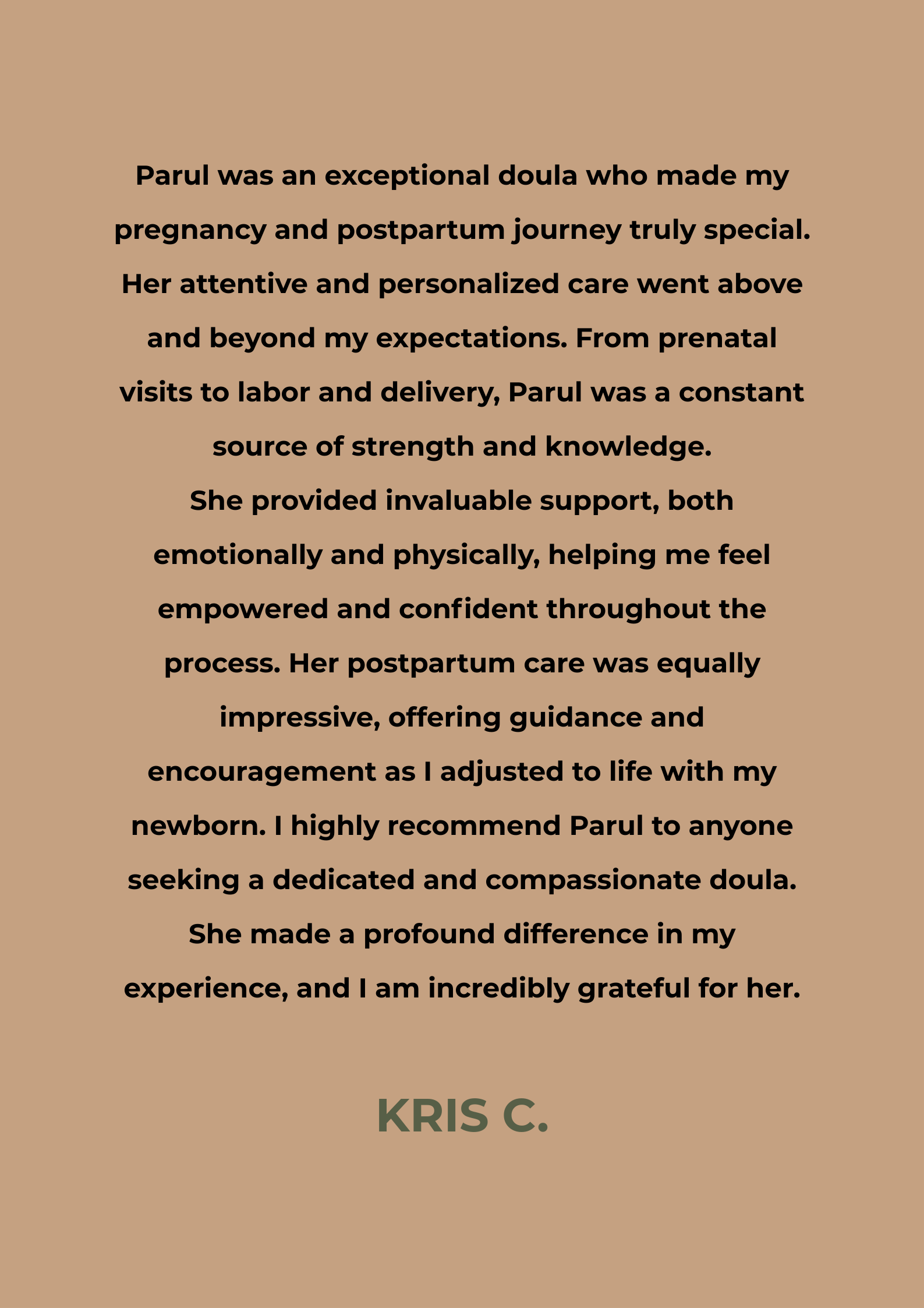Text review about a doula, Paul, on a brown background.