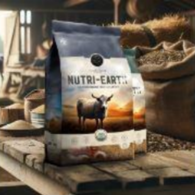 Bag of Nutri-Earth organic feed with a cow on the label, on a wooden table in a barn setting.