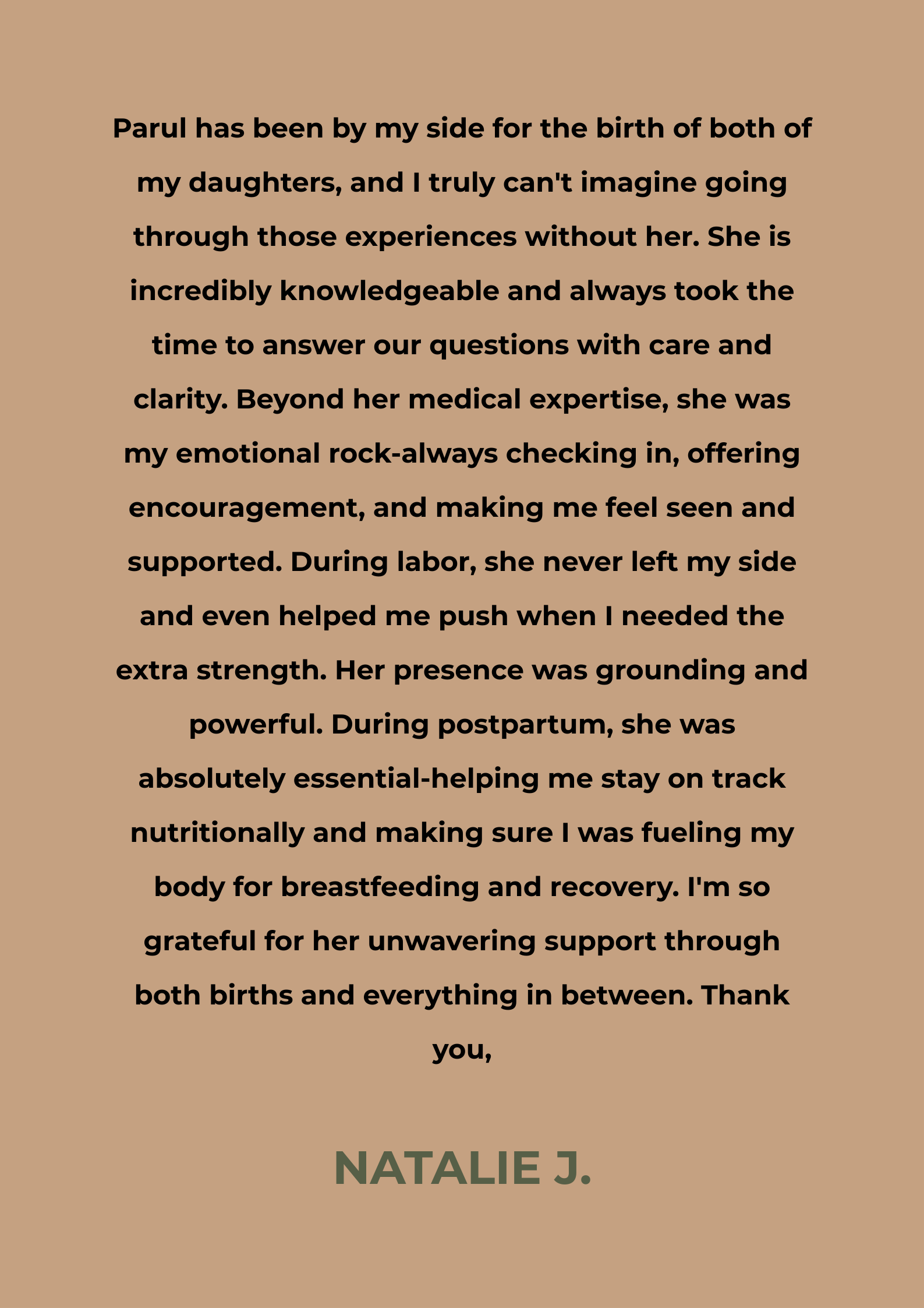 Testimonial on brown background. Text praises a woman for her support during childbirth and postpartum.