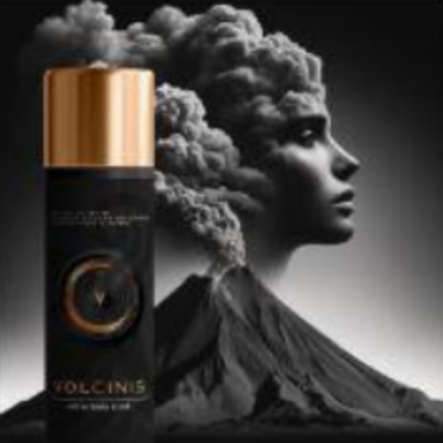 Black cologne bottle with gold cap, volcano and woman's face made of smoke in the background.