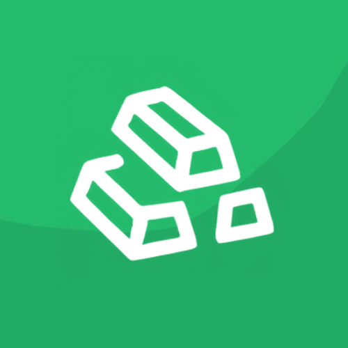 A white icon of a pile of gold bars on a green background.