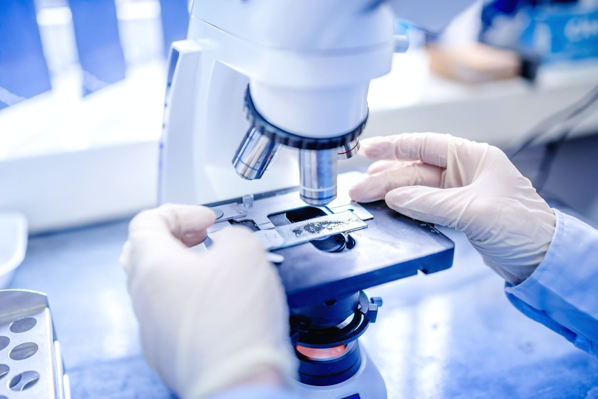A person is looking through a microscope in a laboratory.
