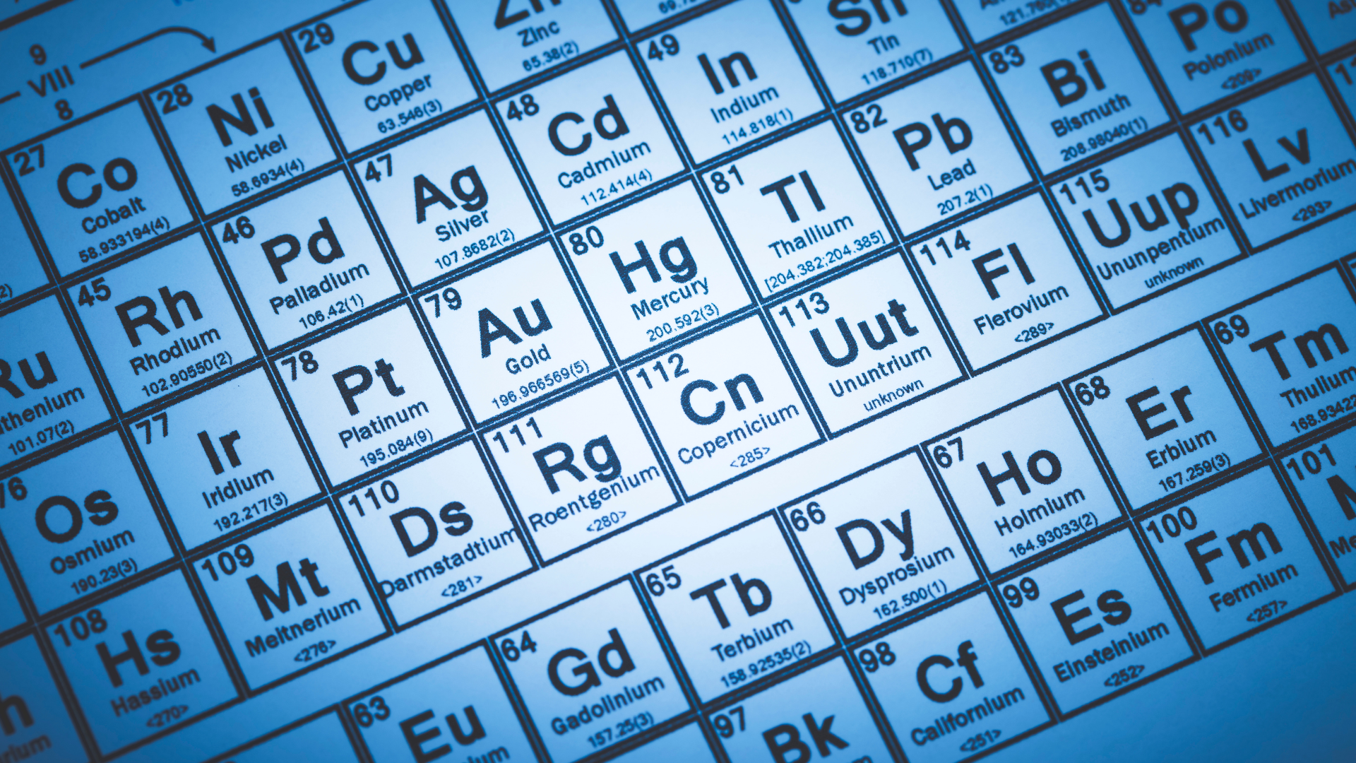 Periodic table of elements, blue background. Several elements are visible.