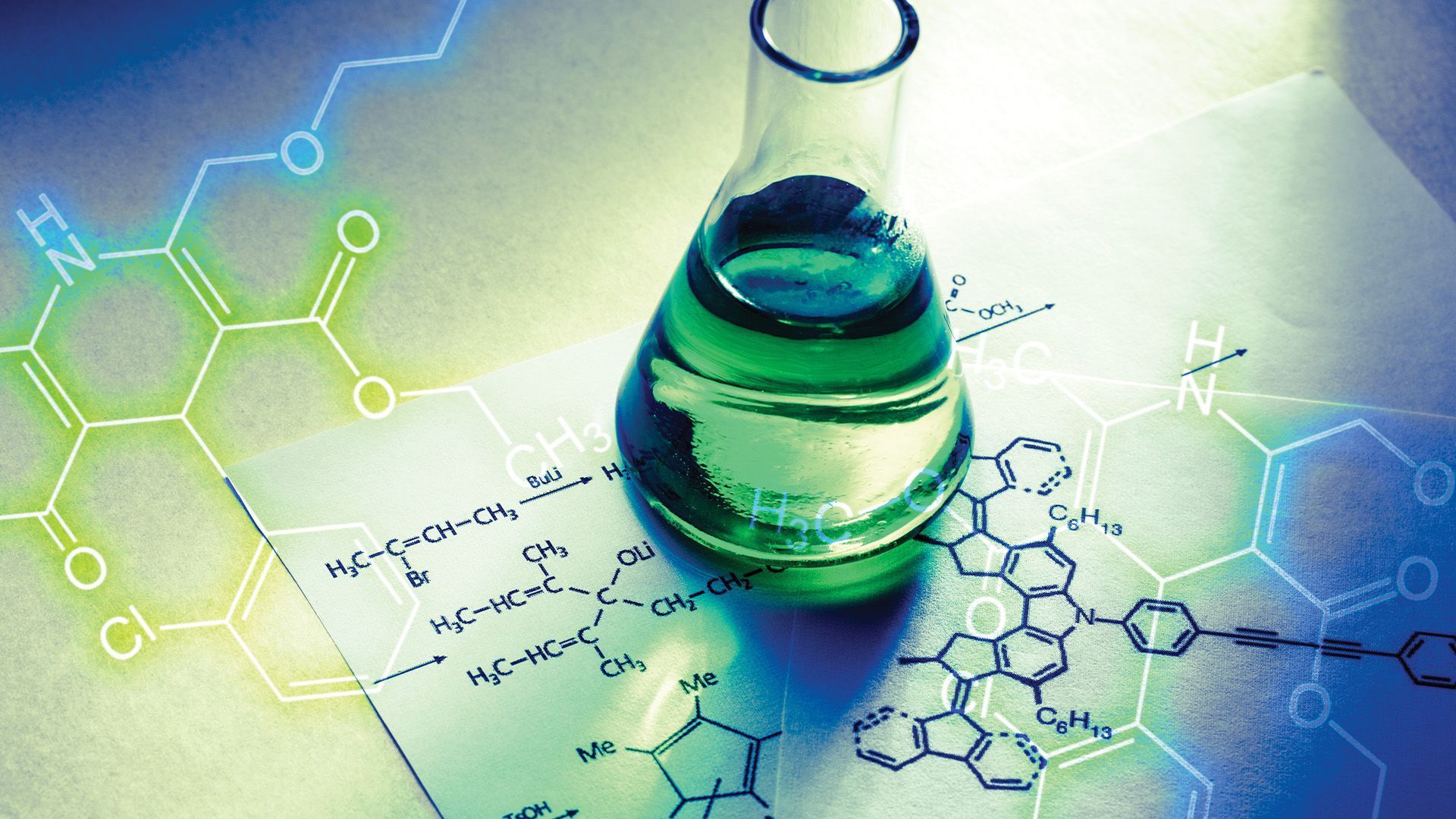A flask with green liquid on paper with molecular structures, lit with blue and green highlights.