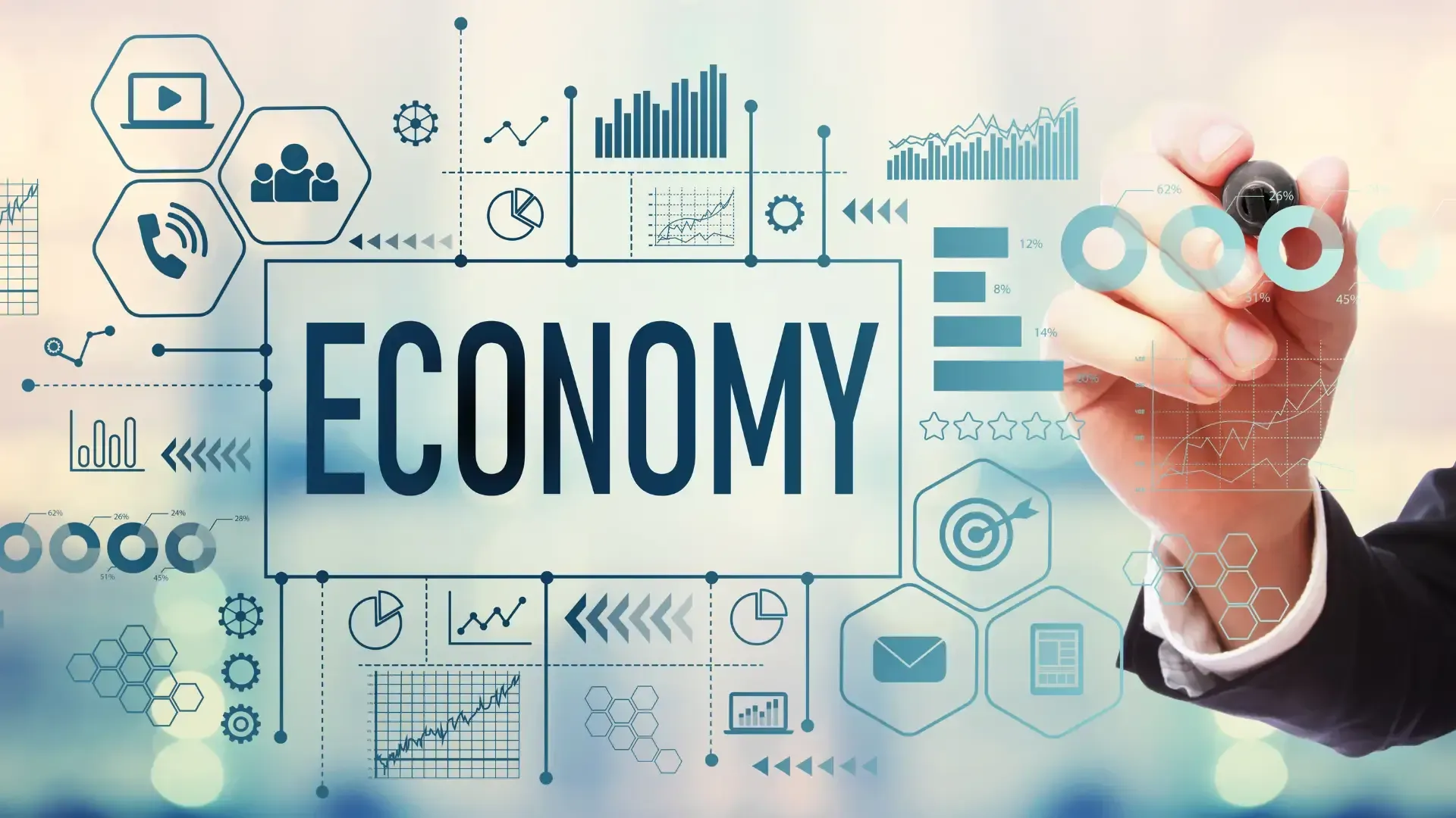 A person is writing the word economy on a screen with a marker.