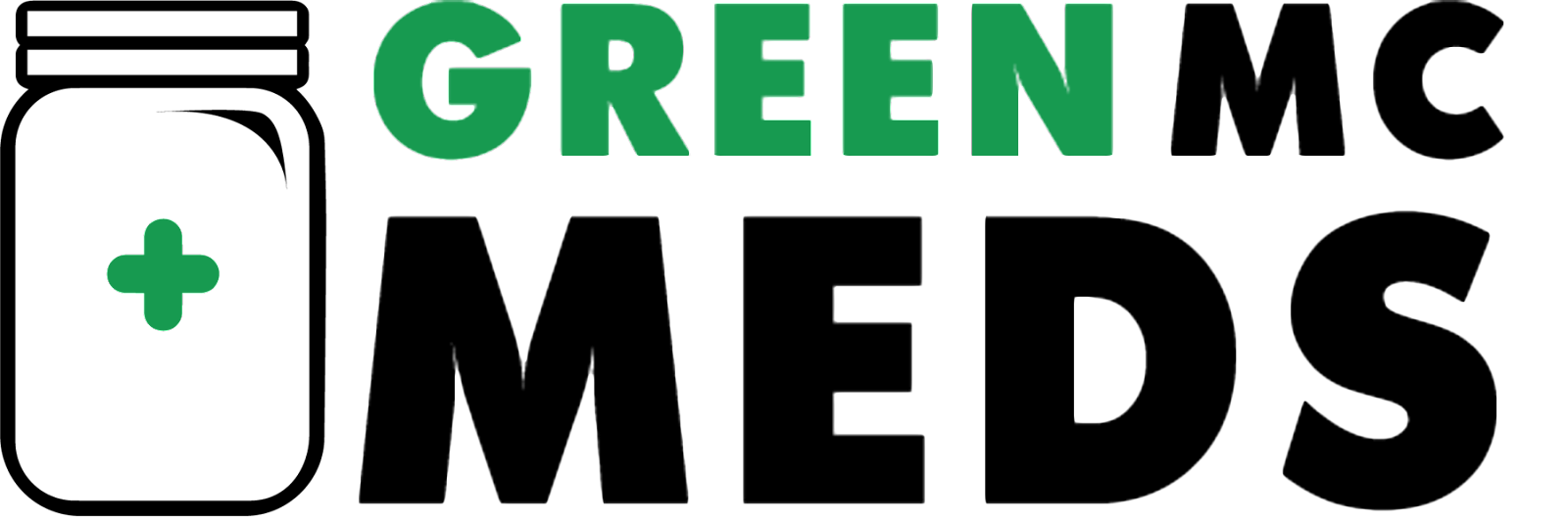 Logo for Green MC Meds, featuring a jar with a green cross inside and text in green and black.